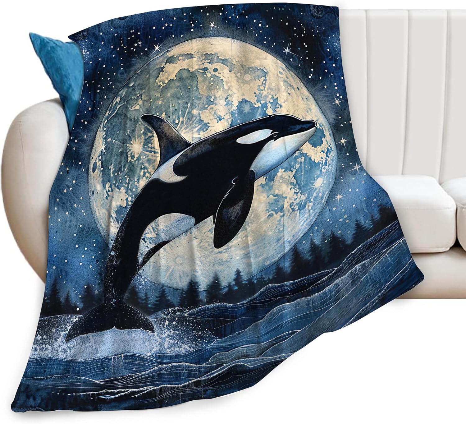 Orca Whale Blanket Killer Whale Moon Decor Throw Blanket